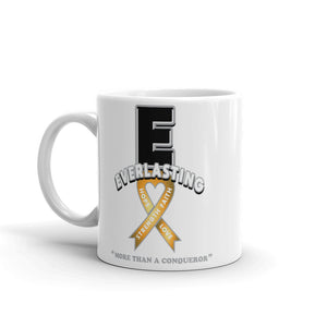 Mug with black "E" on one side and yellow/gold "E" on opposite side