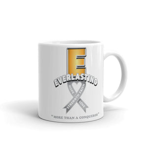 Mug with black "E" on one side and yellow/gold "E" on opposite side